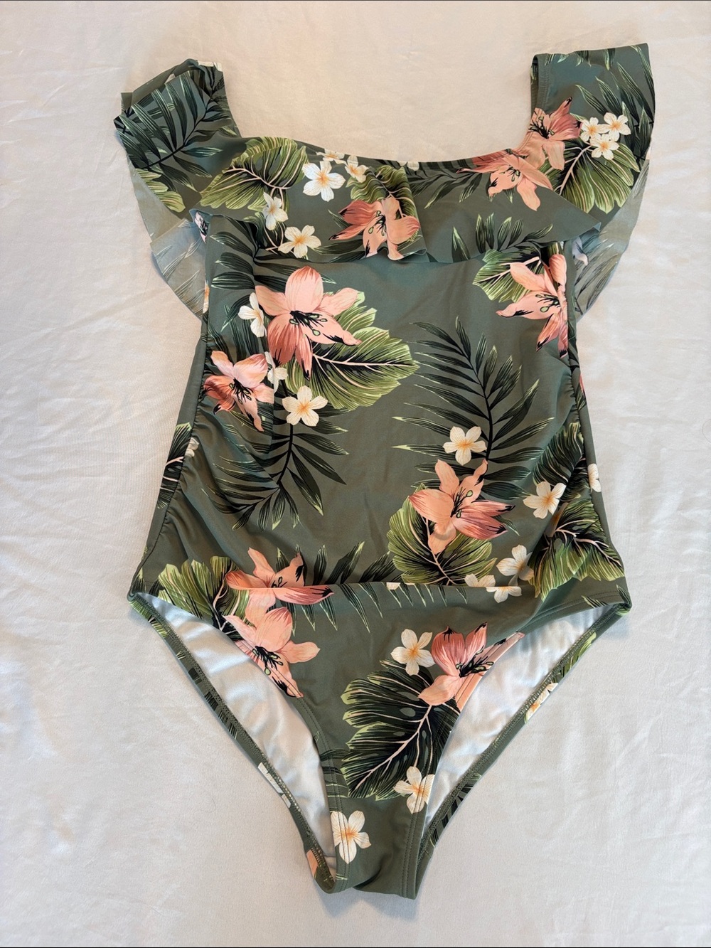Kona Sol Green Floral One-Piece Swimsuit with Pink Hibiscus
